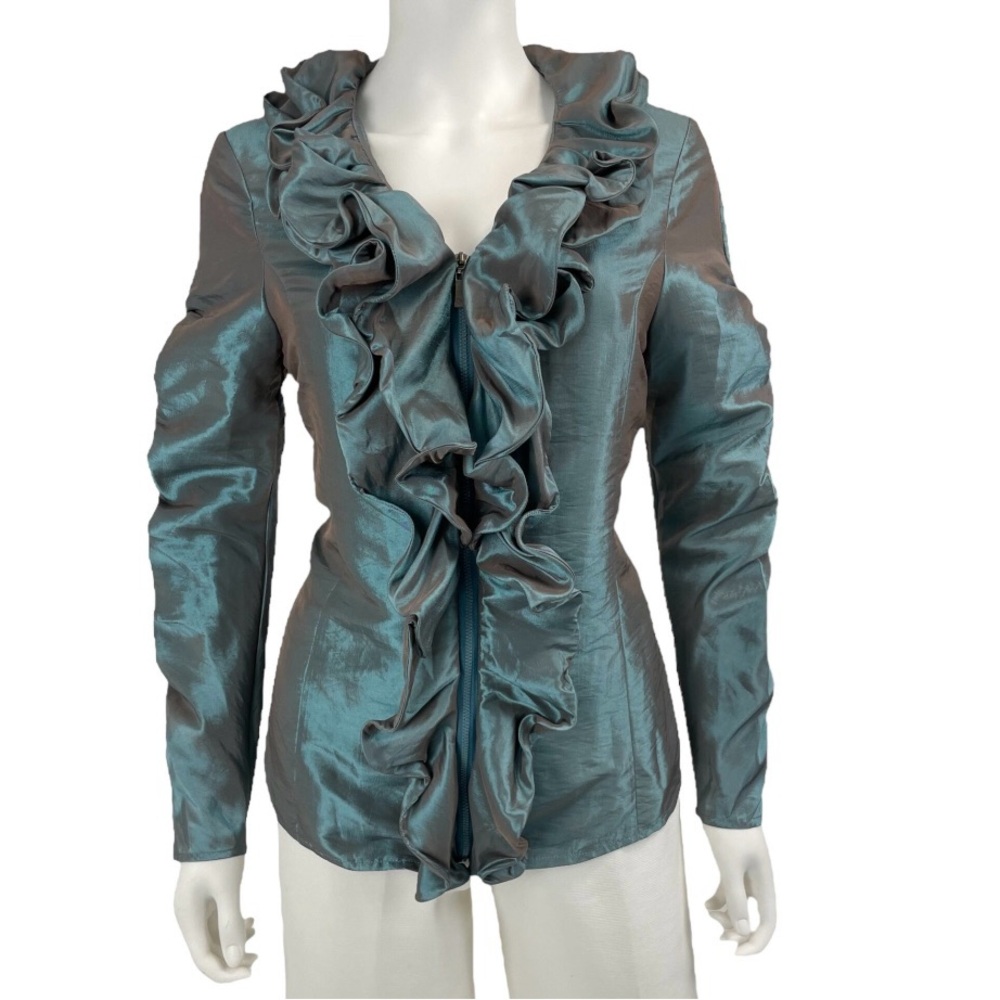 Jerry T Iridescent Elegant Ruffled Women's Jacket/Blouse - Teal Size S